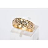 A 9CT GOLD GEM SET BAND, textured engraved design set with circular cut colourless stones assessed
