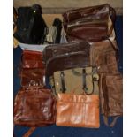 TWO BOXES OF BAGS AND A CASE, including a small travel case with wheels, assorted bags, mostly