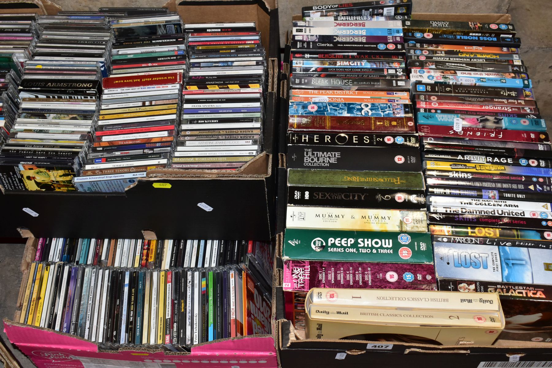 FOUR BOXES OF DVD'S, CD'S AND LOOSE including two boxed sets of DVD's, a boxed CD collection '