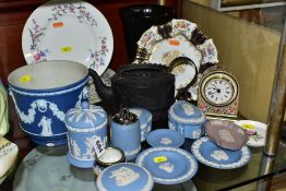 CERAMICS to include blue jasper ware trinkets, etc, Wedgwood Clio clock, black basalt teapot with