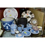 CERAMICS to include blue jasper ware trinkets, etc, Wedgwood Clio clock, black basalt teapot with