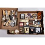 A BOX OF ASSORTED ITEMS AND A BOX OF CUTLERY, to include a variety of costume jewellery such as an