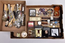 A BOX OF ASSORTED ITEMS AND A BOX OF CUTLERY, to include a variety of costume jewellery such as an