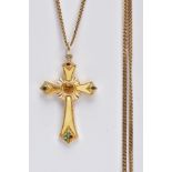 A 9CT GOLD CHAIN WITH A YELLOW METAL CROSS PENDANT, the curb link chain fitted with a spring