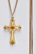 A 9CT GOLD CHAIN WITH A YELLOW METAL CROSS PENDANT, the curb link chain fitted with a spring