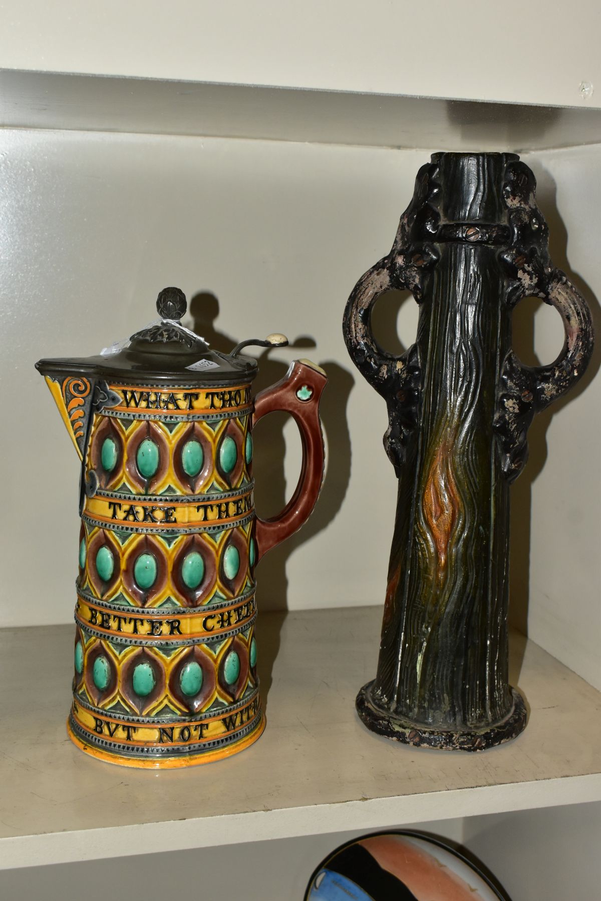 A WEDGWOOD MAJOLICA BEER JUG, having pewter cover 'WHAT THOU MY GATES BE POOR TAKE THEM IN GOOD PART - Image 7 of 12