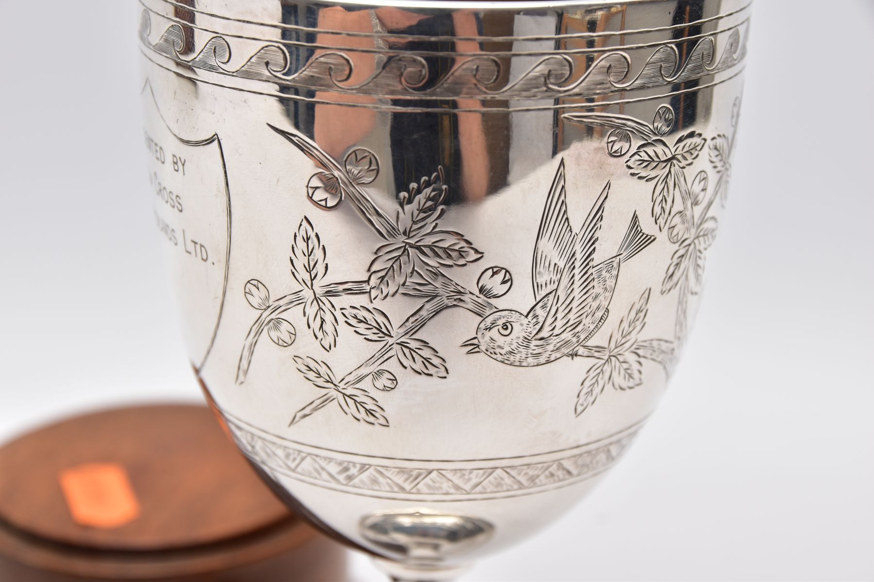 A LATE VICTORIAN SILVER TROPHY CUP, engraved foliate and bird design, engraved inscription ' - Image 5 of 8