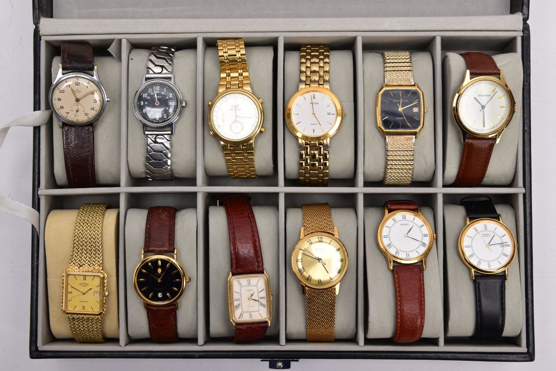 A WATCH DISPLAY CASE OF GENTS WRISTWATCHES, a black and glass panelled watch display case, with