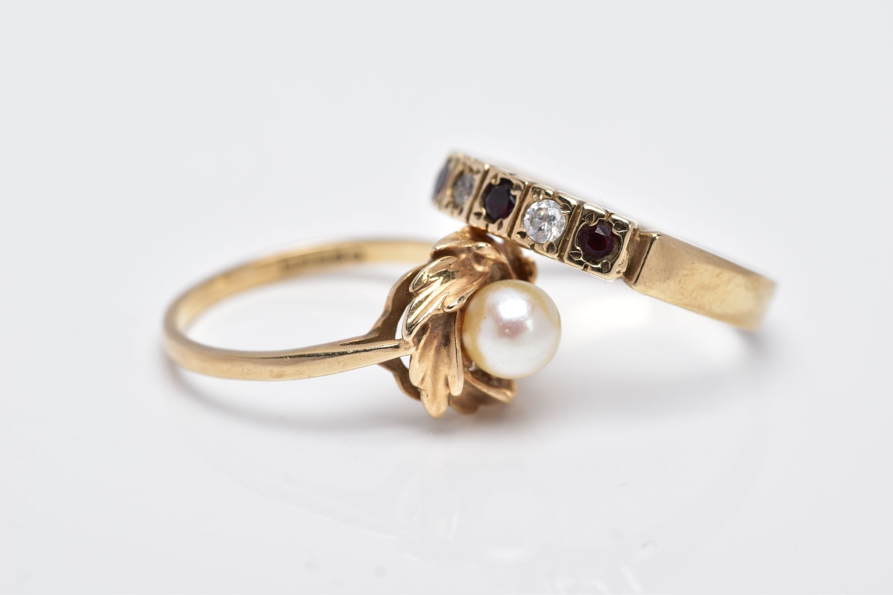 TWO 9CT GOLD GEM SET RINGS, the first of a half hoop design, set with four circular cut garnets, - Image 2 of 4