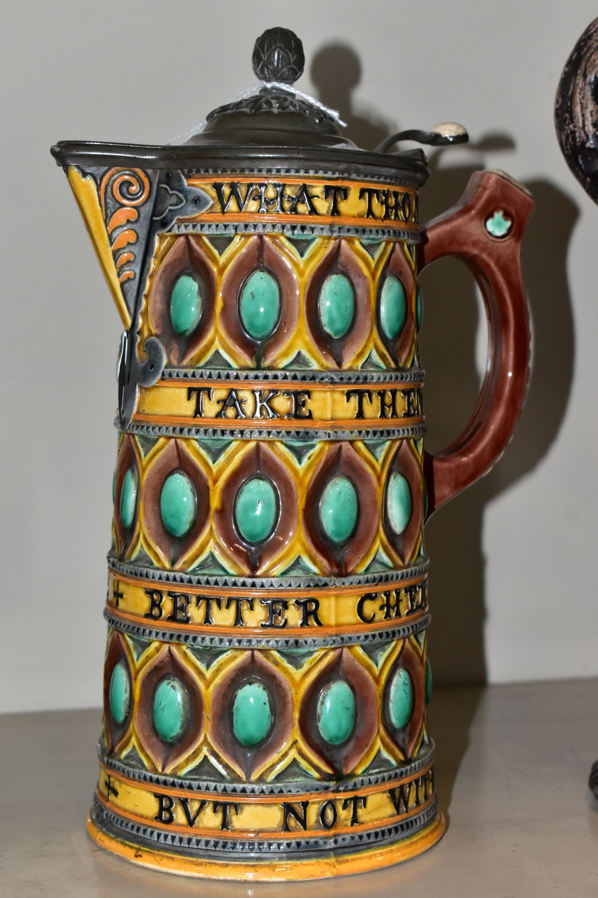 A WEDGWOOD MAJOLICA BEER JUG, having pewter cover 'WHAT THOU MY GATES BE POOR TAKE THEM IN GOOD PART - Image 8 of 12