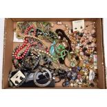 A BOX OF ASSORTED COSTUME JEWELLERY, to include pieces such as a semi precious graduated bead