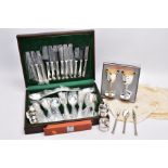 A COMPLETE CANTEEN OF CUTLERY, TWO GOBLETS, SIX NAPKIN RINGS AND A THREE PIECE CUTLERY SET, the