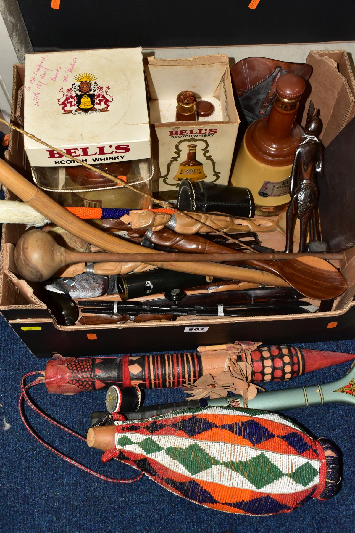 TWO BOXES OF SUNDRY ITEMS, ETC, to include Devon Motto Ware, African tourist wares - bow and arrows, - Image 3 of 10