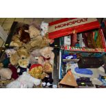 FOUR BOXES OF SOFT TOYS, BOARD GAMES, DIE CAST VEHICLES, including St.Giles Hospice and other bears,