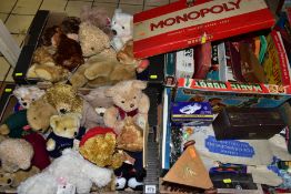 FOUR BOXES OF SOFT TOYS, BOARD GAMES, DIE CAST VEHICLES, including St.Giles Hospice and other bears,