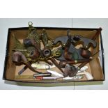 A SMALL BOX OF SUNDRIES, to include various pipes (one with sterling silver collar) and stands,