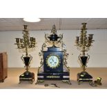 A LATE 19TH CENTURY BLACK SLATE, MARBLE AND GILT METAL CLOCK GARNITURE, the clock with urn shaped