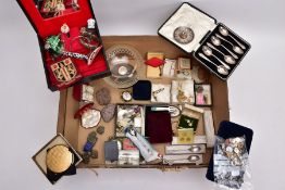 A MISCELLANEOUS COLLECTION OF MOSTLY COSTUME JEWELLERY, the items to include a case set of silver