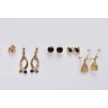 FOUR PAIRS OF 9CT GOLD EARRINGS AND A SINGLE EARRINGS, to include a pair of drop earrings set with