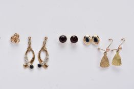 FOUR PAIRS OF 9CT GOLD EARRINGS AND A SINGLE EARRINGS, to include a pair of drop earrings set with