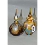 TWO IRIDESCENT PERFUME BOTTLES AND STOPPERS, one of baluster form, height 16cm, the other of bulbous