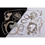 A BAG OF ASSORTED WHITE METAL JEWELLERY, to include a white metal bangle stamped '925', a white