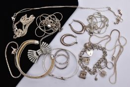 A BAG OF ASSORTED WHITE METAL JEWELLERY, to include a white metal bangle stamped '925', a white