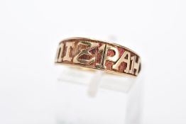 A 9CT GOLD 'MIZPAH' RING, inscribed 'Mizpah' band, with a textured background, hallmarked 9ct gold