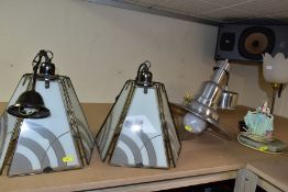 CEILING LIGHTS AND TABLE LAMP comprising a pair of pyramid shaped lamps with glass panels,