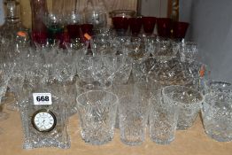 A QUANTITY OF GLASSWARE, including a Waterford Crystal quartz mantel clock, height 11cm, coloured