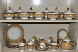 DENBY SEVILLE PART DINNER AND TEA SERVICE, comprising six twin handled soup bowls and covers, five