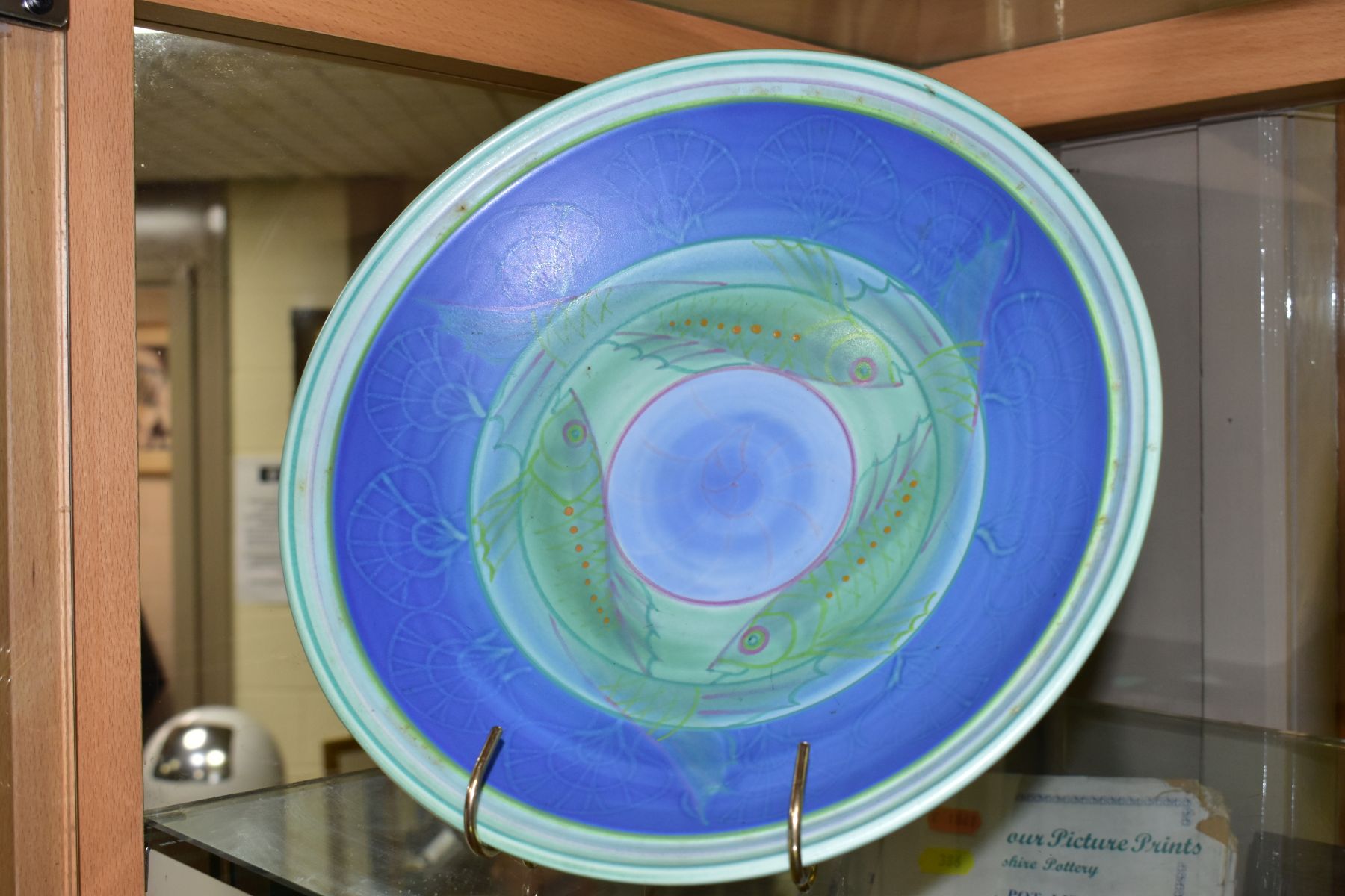 A POOLE STUDIO SALLY TUFFIN FISH PEDESTAL BOWL, hand painted with bands of blue and green with - Image 2 of 5