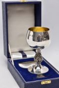 A CASED SILVER GOBLET, detailed grape vine stem, gilt interior hallmarked 'Barrowclift