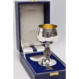 A CASED SILVER GOBLET, detailed grape vine stem, gilt interior hallmarked 'Barrowclift