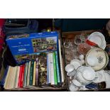 THREE BOXES AND LOOSE CERAMICS, GLASS, BOOKS, CD'S, A SUITCASE, ETC, including Royal Doulton Juno