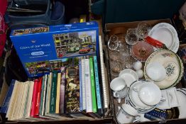 THREE BOXES AND LOOSE CERAMICS, GLASS, BOOKS, CD'S, A SUITCASE, ETC, including Royal Doulton Juno