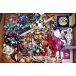 A BOX OF ASSORTED COSTUME JEWELLERY, to include pieces such as a white metal hinged bangle with a
