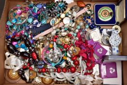 A BOX OF ASSORTED COSTUME JEWELLERY, to include pieces such as a white metal hinged bangle with a