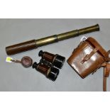A BRITANNIC B.C & CO BRASS AND LEATHER THREE DRAWER 15 X TELESCOPE, with one lens cap, closed length