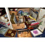 FOUR BOXES, A BASKET AND LOOSE CERAMICS, GLASS, BOOKS, PICTURES, ETC, to include a Clevedon