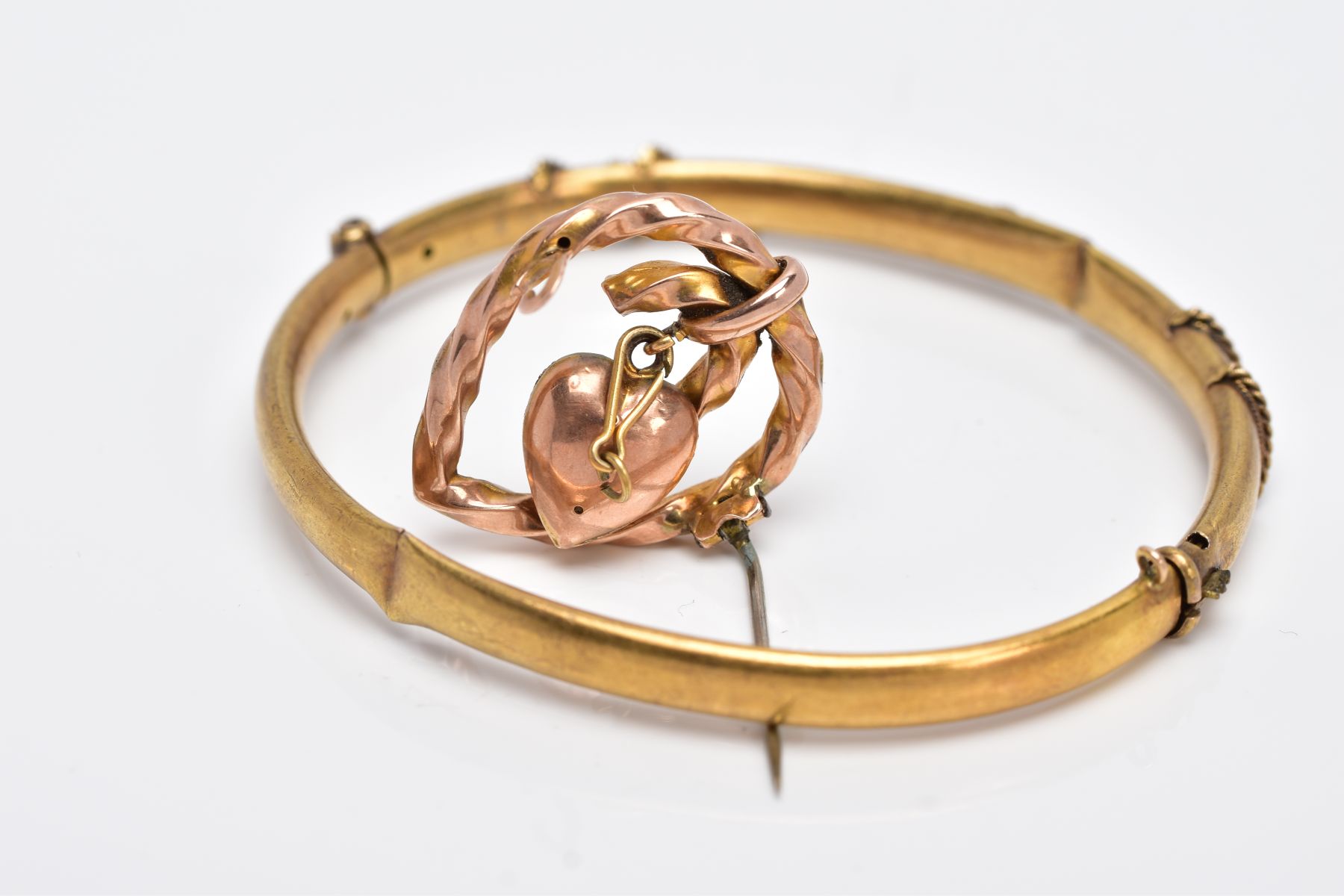 A LATE VICTORIAN BANGLE AND BROOCH, the AF hinged bangle with applied floral and bead design, - Image 3 of 4