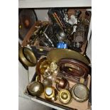 THREE BOXES AND LOOSE METAL WARES ETC, to include a wood and copper dining gong, Indian brass bowls,