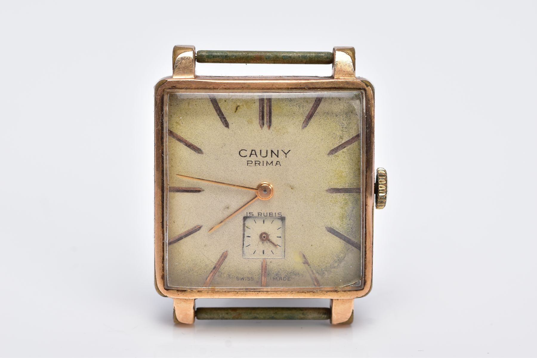 A GOLD PLATED GENTS 'CAUNY PRIMA' WRISTWATCH, hand wound movement, square design discoloured dial