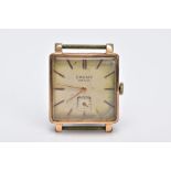 A GOLD PLATED GENTS 'CAUNY PRIMA' WRISTWATCH, hand wound movement, square design discoloured dial