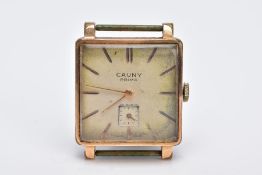 A GOLD PLATED GENTS 'CAUNY PRIMA' WRISTWATCH, hand wound movement, square design discoloured dial