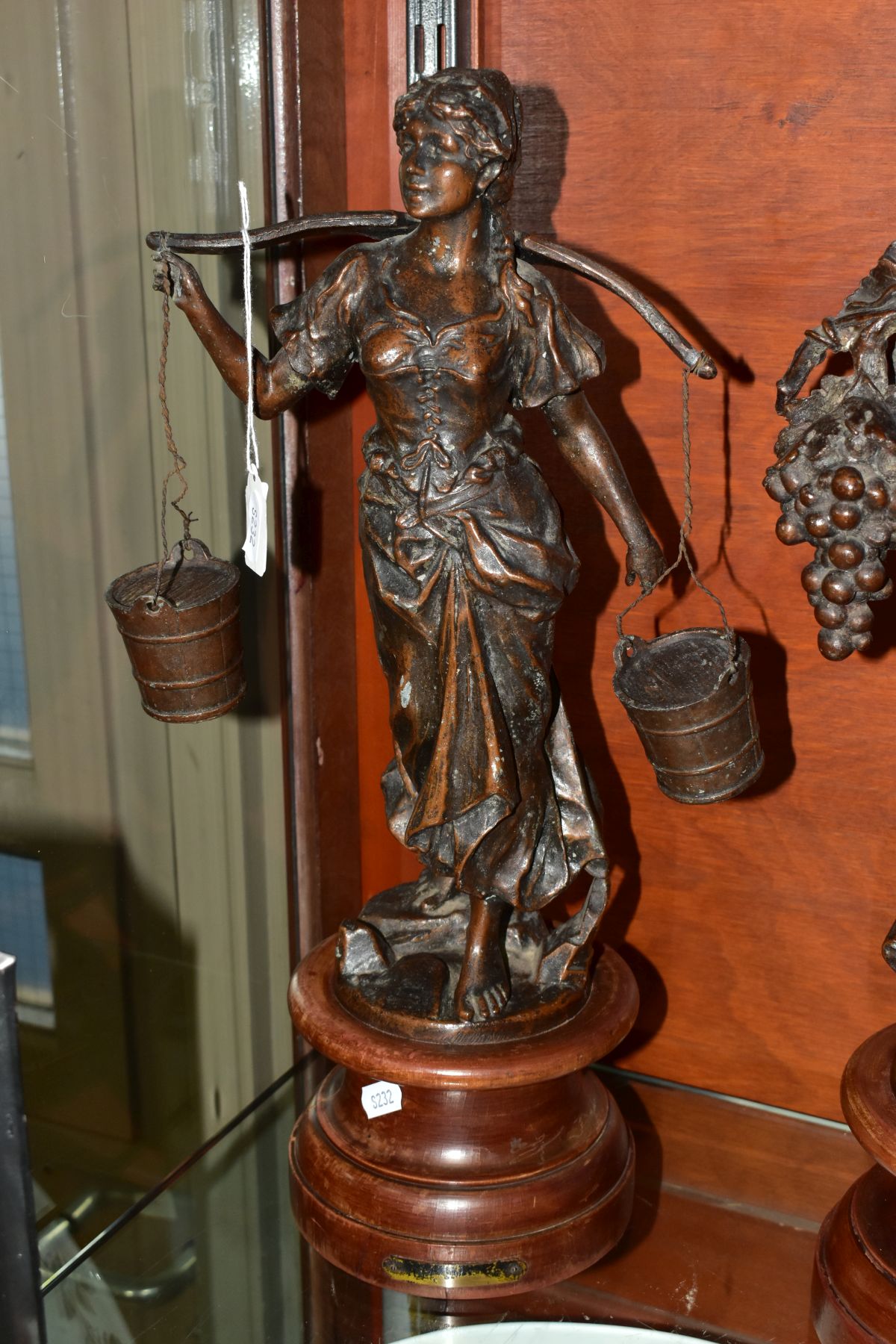 A PAIR OF BRONZED SPELTER FIGURES, the first depicts a female carrying grapes and vine titled - Image 3 of 8