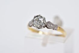 A YELLOW METAL SINGLE STONE DIAMOND RING, collet set, old cut diamonds, total estimated diamond