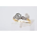 A YELLOW METAL SINGLE STONE DIAMOND RING, collet set, old cut diamonds, total estimated diamond