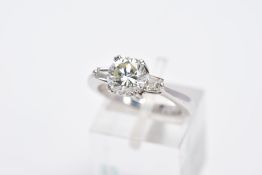 A MODERN DIAMOND THREE STONE RING, a round brilliant cut estimated weight 1.53ct, colour assessed as