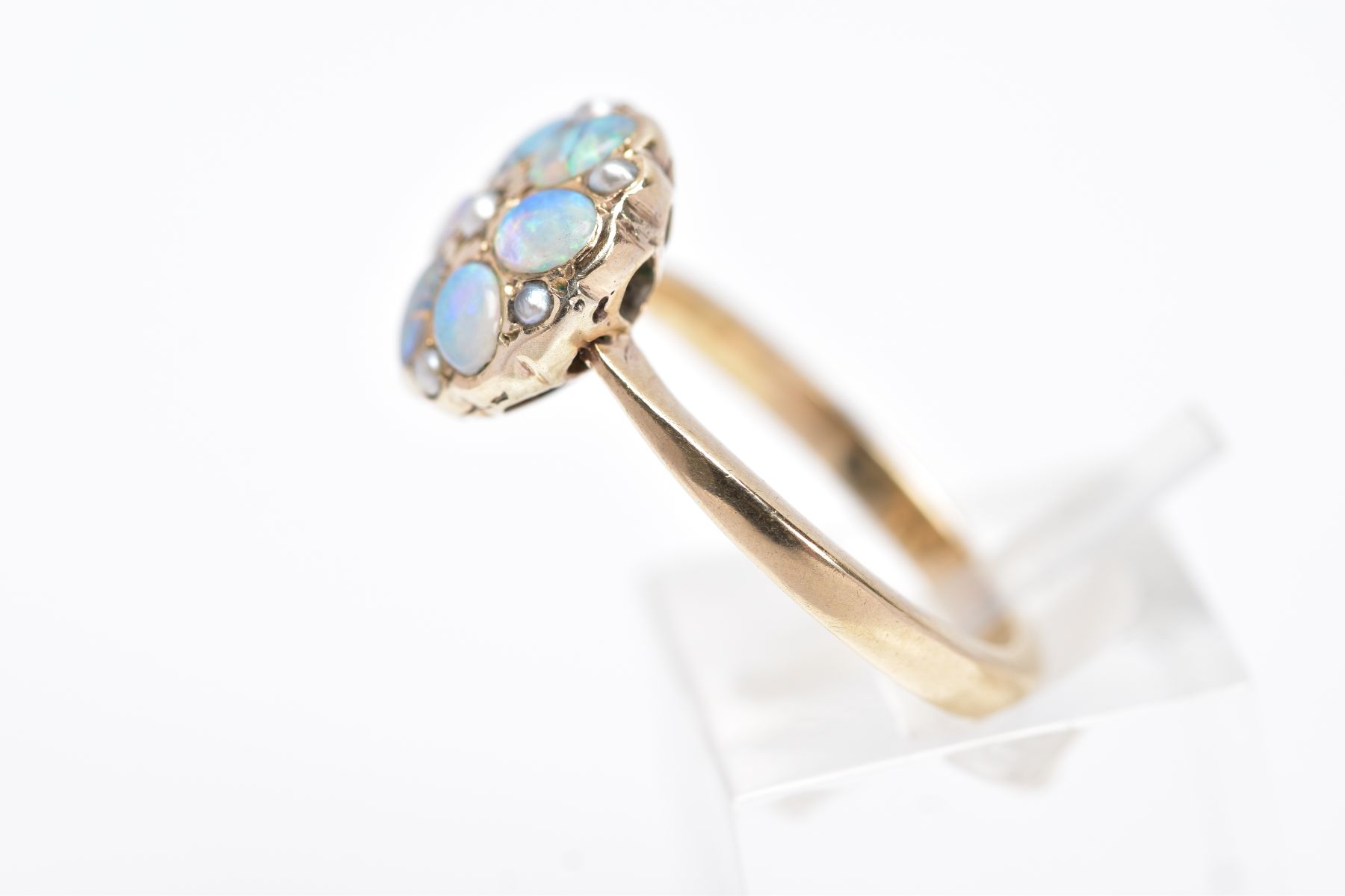 A MODERN 9CT GOLD OPAL AND SPLIT PEARL CLUSTER RING, designed with oval cabochon opals and split - Image 2 of 4